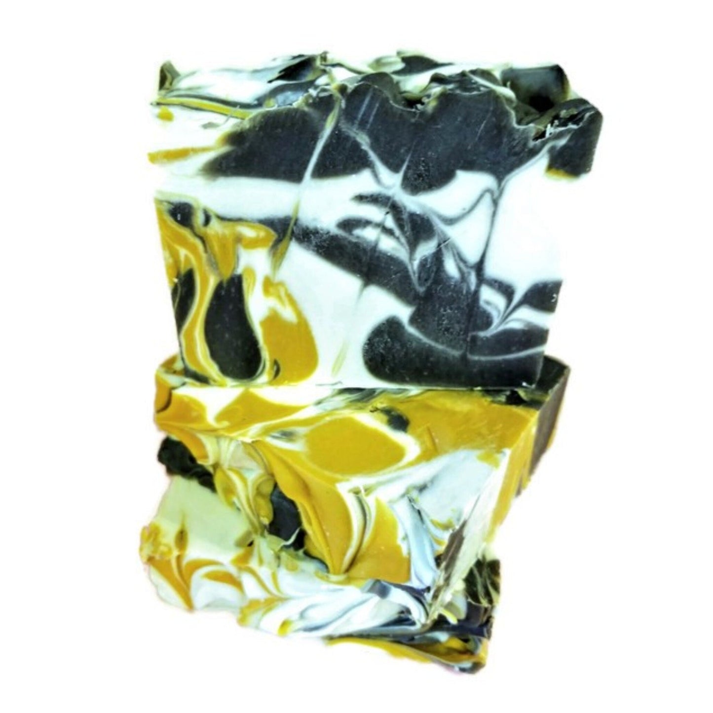 Evening Honeysuckle Soap - captures the soft, floral sweetness of honeysuckle in the evening air. Featuring rich yellow, beachy white, and gunmetal grey swirls.