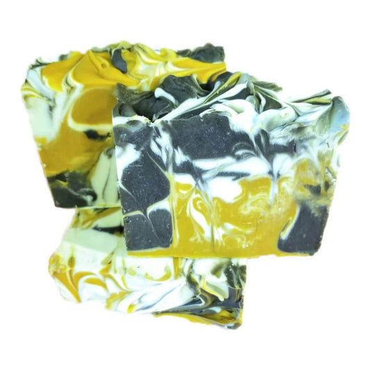 Evening Honeysuckle Soap - captures the soft, floral sweetness of honeysuckle in the evening air. Featuring rich yellow, beachy white, and gunmetal grey swirls.