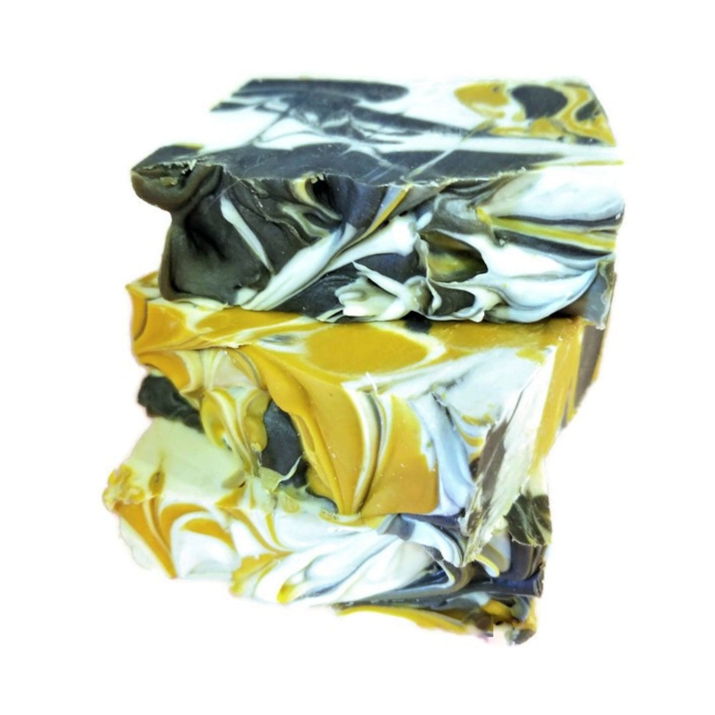 Evening Honeysuckle Soap - captures the soft, floral sweetness of honeysuckle in the evening air. Featuring rich yellow, beachy white, and gunmetal grey swirls.