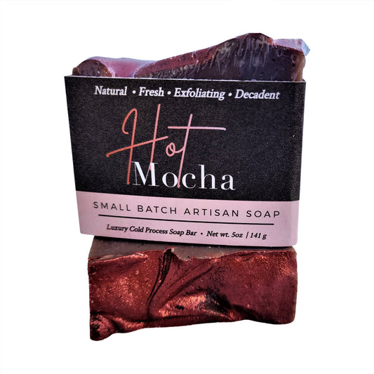 Hot Mocha Coffee Soap - Real coffee grounds for gentle exfoliation - Raw cocoa adds richness and skin-loving benefits - Naturally darkens over time into a rich brown with coppery hues