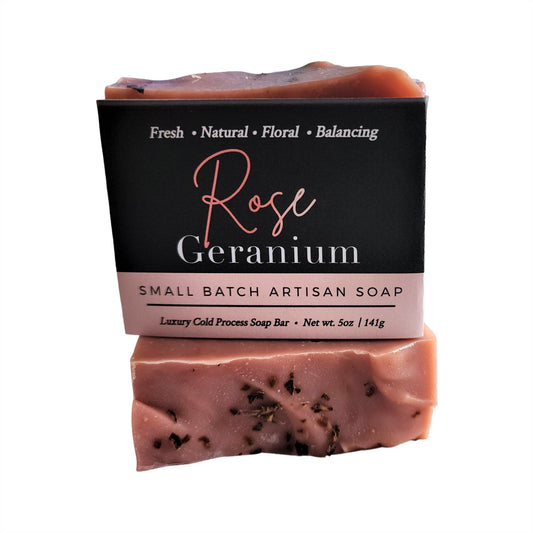 Rose Geranium Soap - Romantic floral aroma that uplifts and soothes - calming blend of rose fragrance and geranium essential oil .