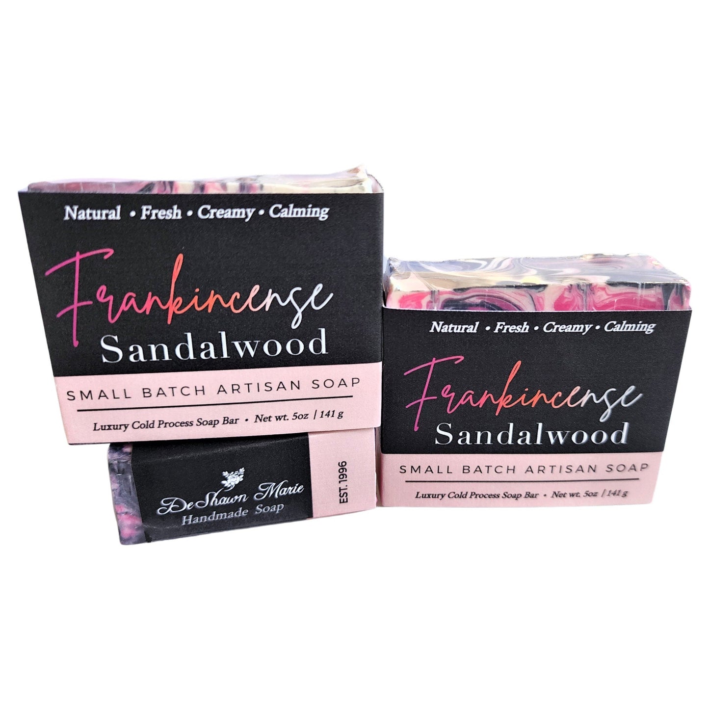 Frankincense Sandalwood Soap - Hand-swirled in rich pinks, deep charcoal, and creamy whites, every bar is a one-of-a-kind work of art.