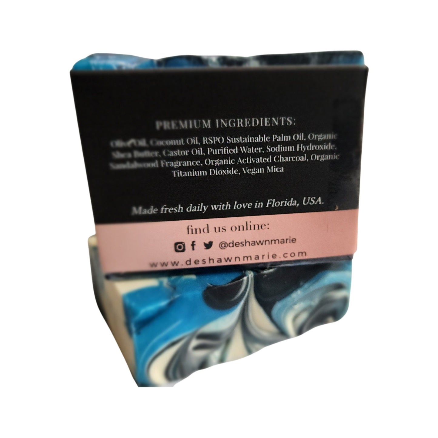 Sandalwood Spirit Soap – Earthy. Elegant. Enchanting a handcrafted, cold-process bar that soothes the soul and skin alike. Swirled in deep oceanic blues with activated charcoal and kaolin clay