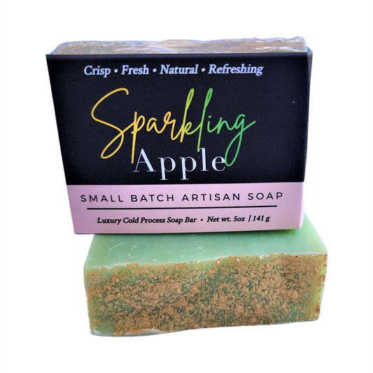 Sparkling Apple Soap captures the bright, invigorating scent of orchard-fresh apples with the fizzy essence of sparkling cider.