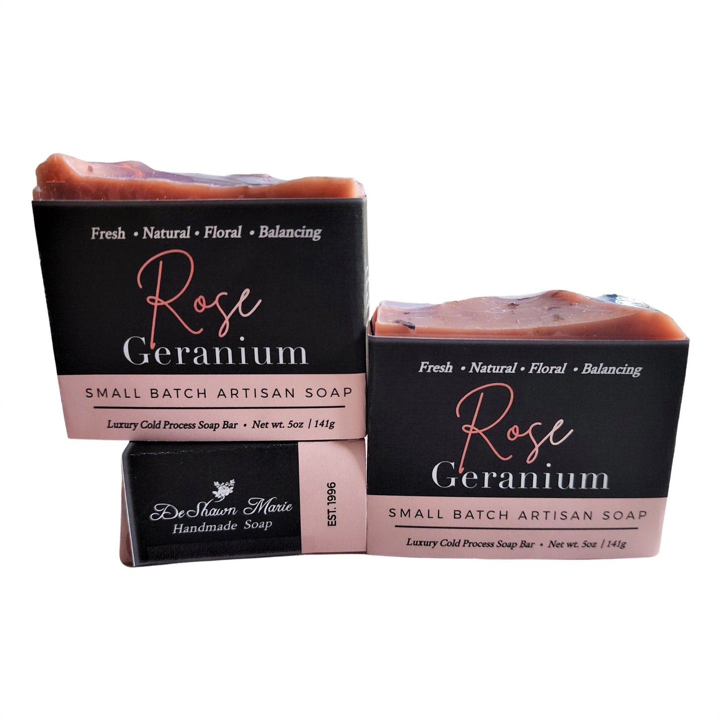 Rose Geranium Soap - Romantic floral aroma that uplifts and soothes - calming blend of rose fragrance and geranium essential oil .