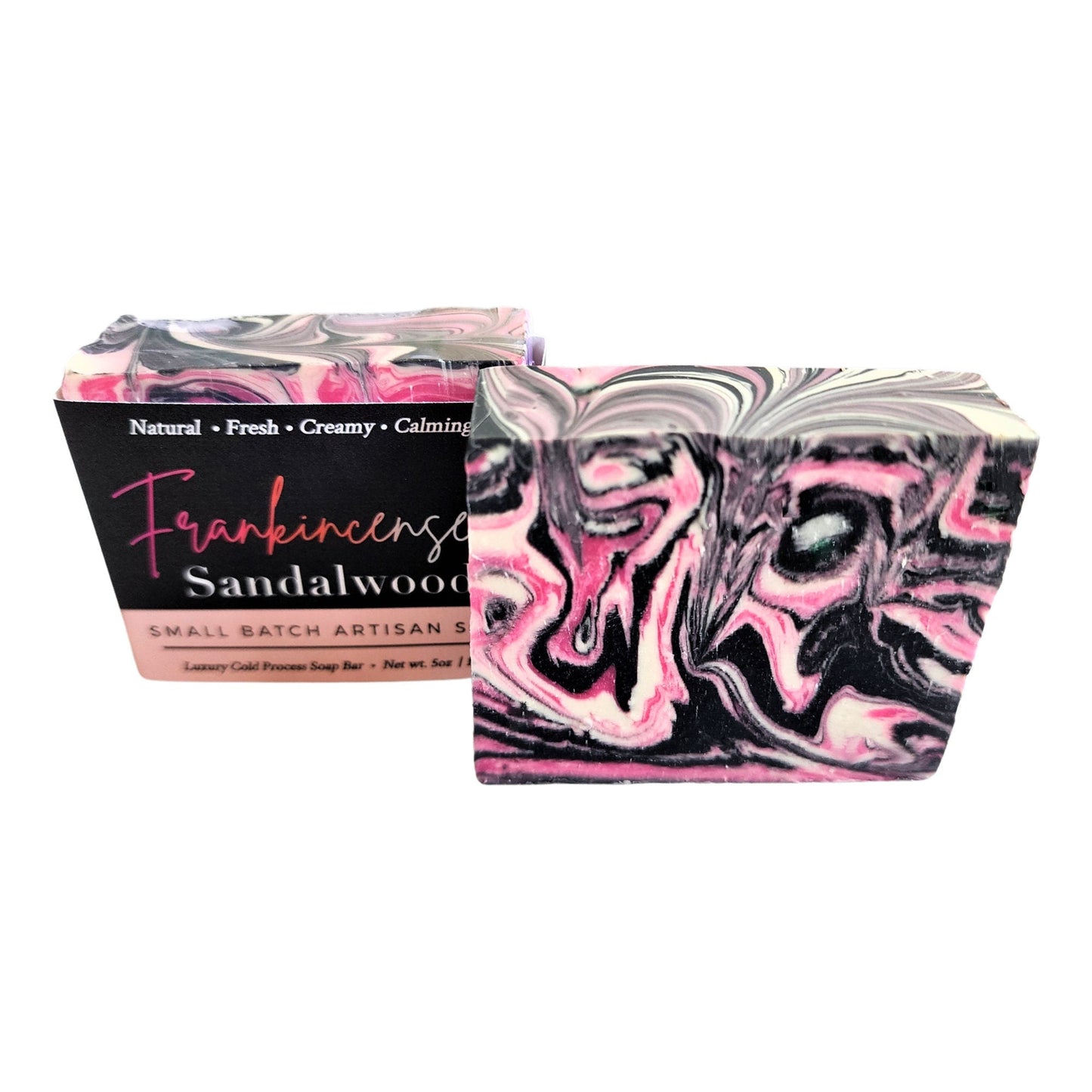Frankincense Sandalwood Soap - Hand-swirled in rich pinks, deep charcoal, and creamy whites, every bar is a one-of-a-kind work of art.