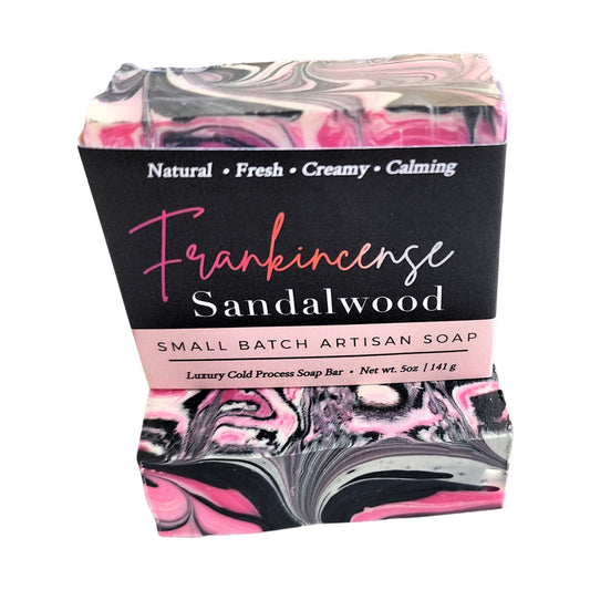 Frankincense Sandalwood Soap - Hand-swirled in rich pinks, deep charcoal, and creamy whites, every bar is a one-of-a-kind work of art.