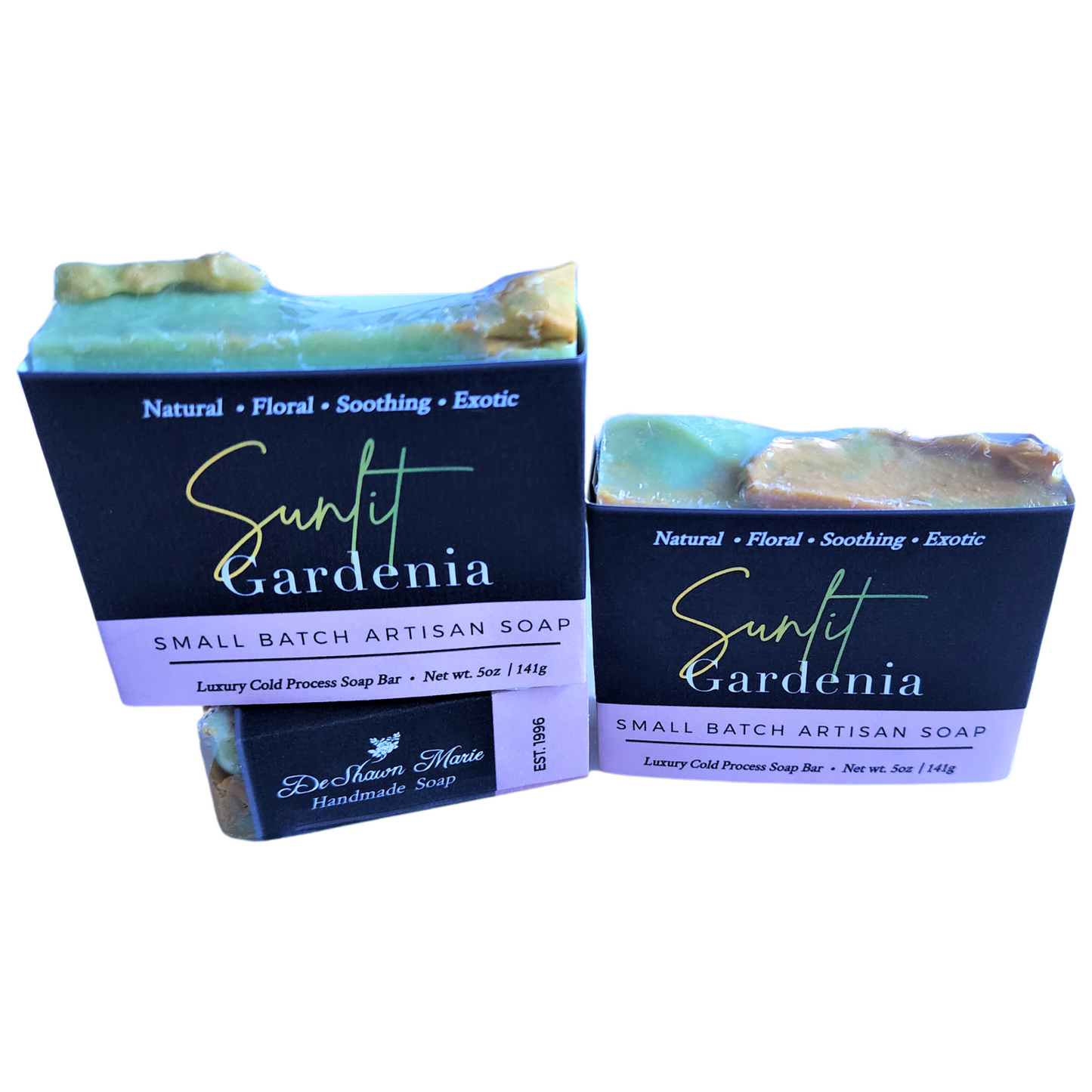 Sunlit Gardenia Soap - Infused with a fresh, floral gardenia scent With swirls of rich green, soft yellow, and creamy white.