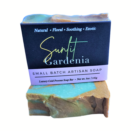 Sunlit Gardenia Soap - Infused with a fresh, floral gardenia scent With swirls of rich green, soft yellow, and creamy white.