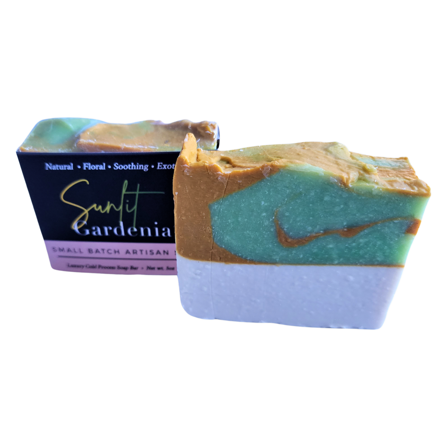Sunlit Gardenia Soap - Infused with a fresh, floral gardenia scent With swirls of rich green, soft yellow, and creamy white.